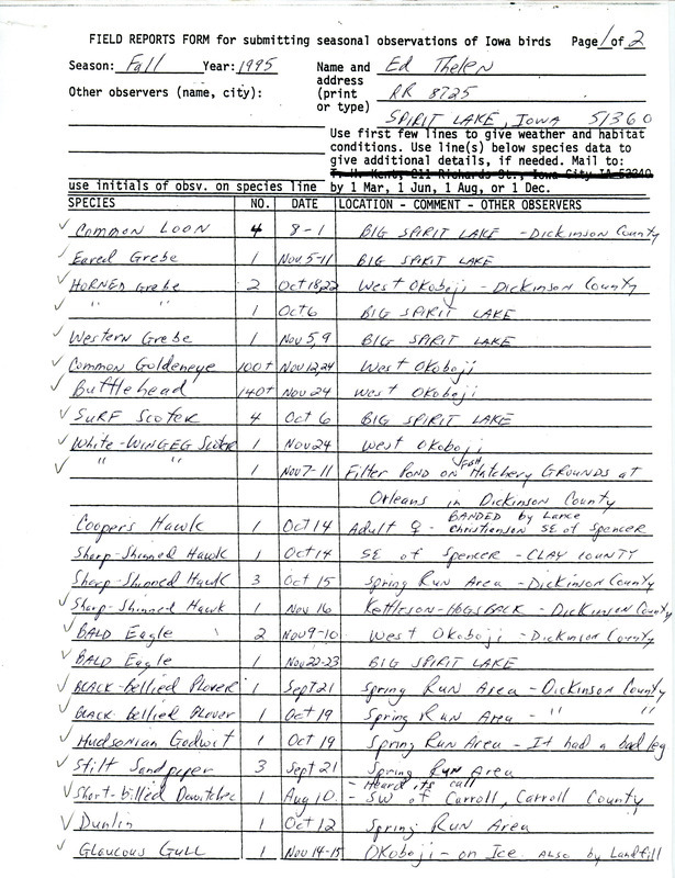 List of birds and locations contributed by Ed Thelen. This item was used as supporting documentation for the Iowa Ornithologists' Union Quarterly field report of fall 1995.