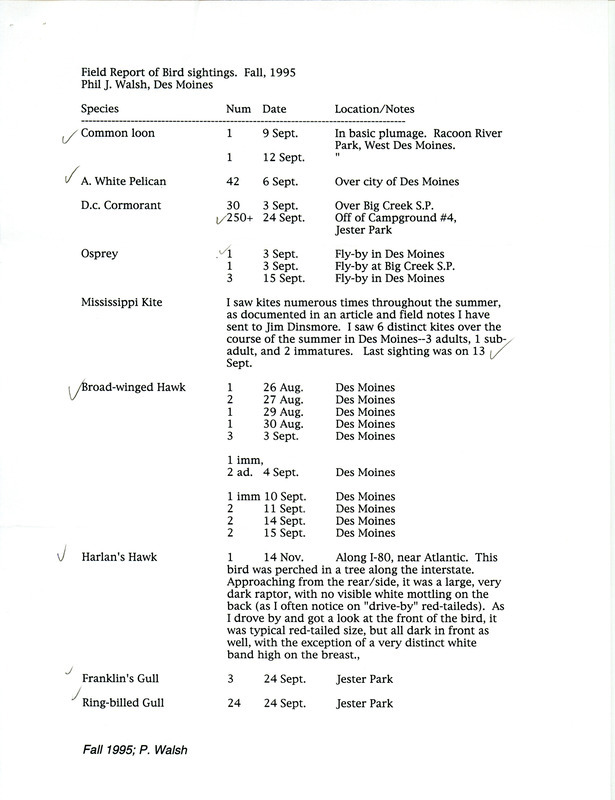 List of birds and locations contributed by Philip J. Walsh. Includes details on his observations of the Mississippi Kite and Harlan's Hawks (Red-tailed Hawk). This item was used as supporting documentation for the Iowa Ornithologists' Union Quarterly field report of fall 1995.