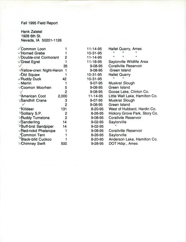 List of birds and locations contributed by Hank Zaletel. This item was used as supporting documentation for the Iowa Ornithologists' Union Quarterly field report of fall 1995.