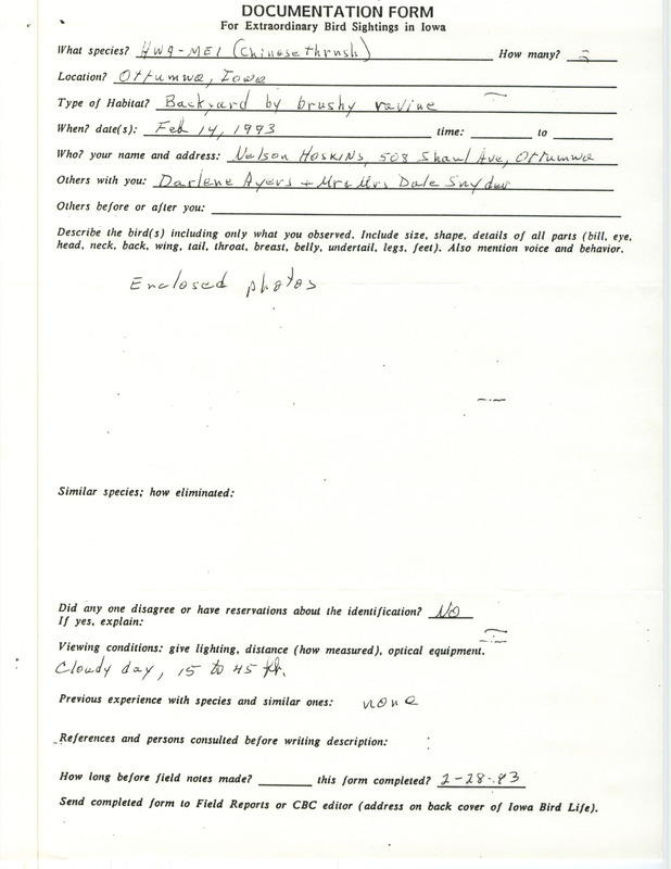 Rare bird sighting for two Hwamei (Chinese Thrush) at Ottumwa in Wapello County, IA on February 14, 1993. It is reported in a documentation form completed by Nelson Hoskins and submitted in a letter from Thomas Kent to Ross Silcock on March 4, 1993. Thomas also reports a late sighting of a Brown Thrasher.