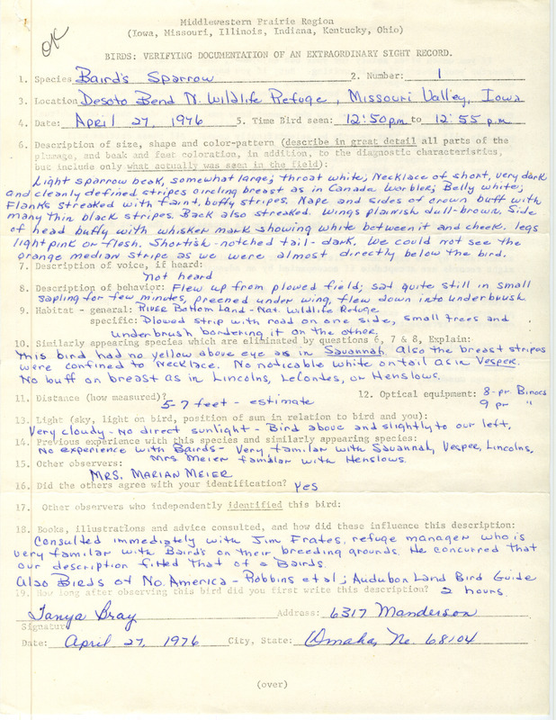 Rare bird documentation form for a Baird's Sparrow at DeSoto Bend National Wildlife Refuge in Harrison County, IA on April 27, 1976.