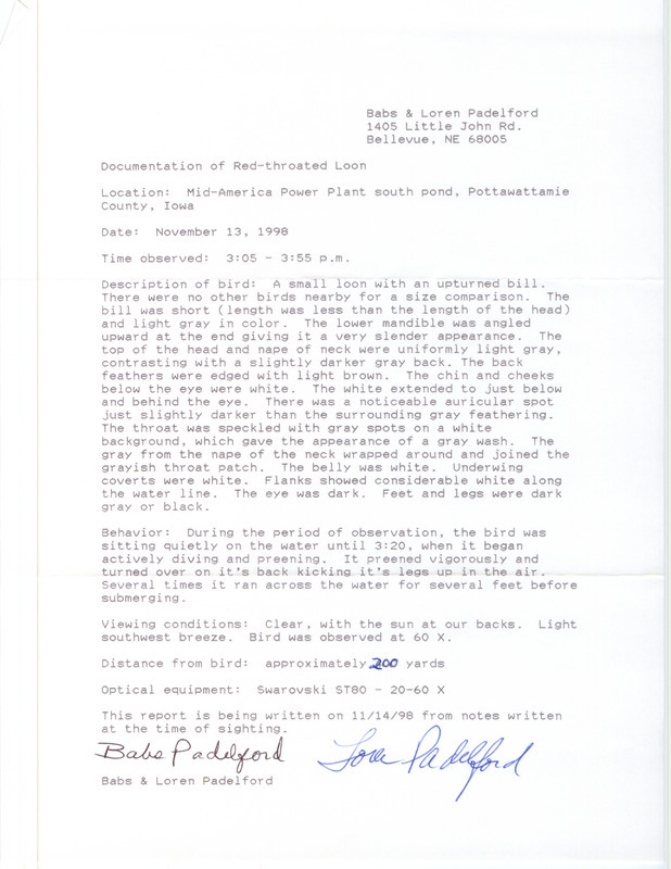 Rare bird documentation form for a Red-throated Loon at Mid-America Power Plant south pond in Pottawattamie County on November 13, 1998.