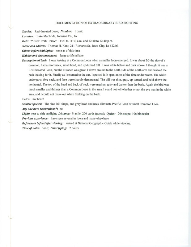 Rare bird documentation form for a Red-throated Loon at Lake Macbride in Johnson County, IA on November 25, 1998.