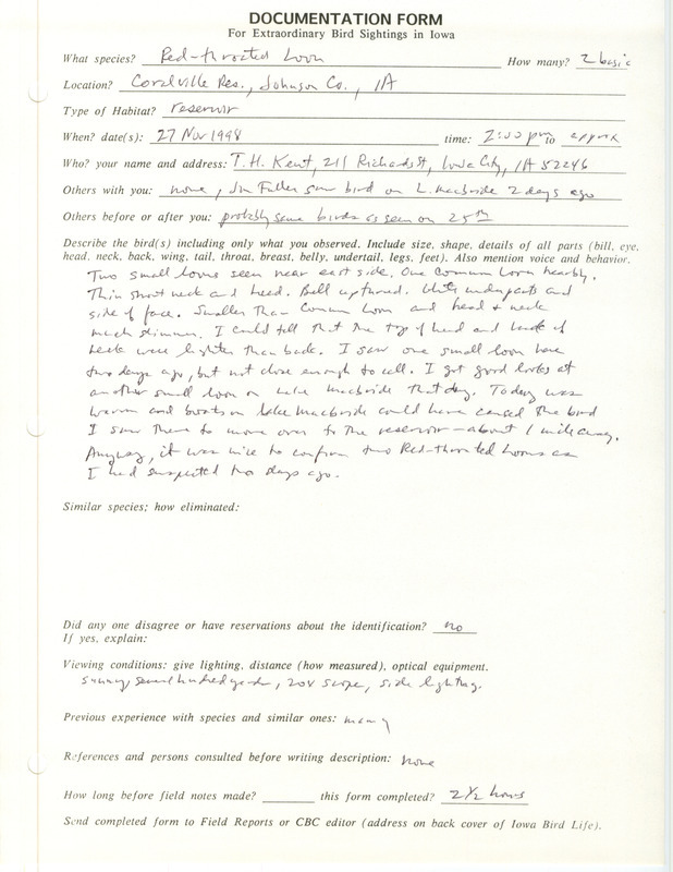 Rare bird documentation form for two Red-throated Loons at Coralville Reservoir in Johnson County, IA on November 27, 1998.