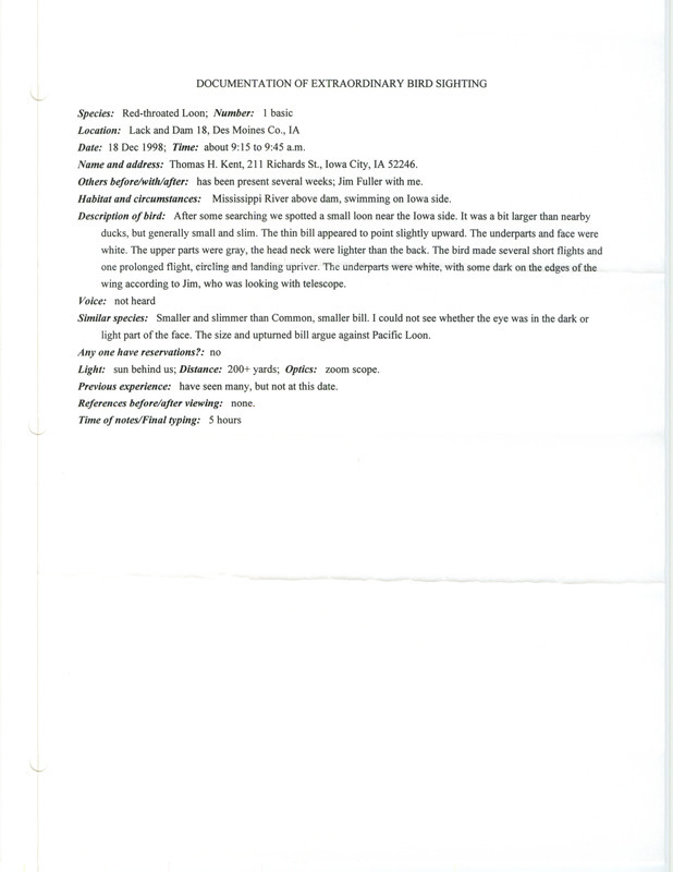 Rare bird documentation form for a Red-throated Loon at Lock and Dam 18 in Des Moines County, IA on December 18, 1998. Incorrectly recorded as Lack and Dam 18 on the documentation form.