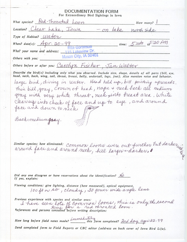 Rare bird documentation form for a Red-throated Loon at Clear Lake in Cerro Gordo County, IA on April 20, 1999.