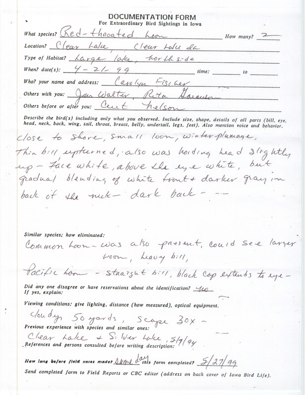 Rare bird documentation form for two Red-throated Loons at Clear Lake in Cerro Gordo County, IA on April 21, 1999.