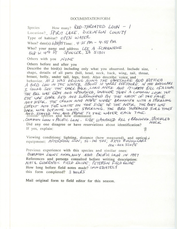 Rare bird documentation form for a Red-throated Loon at Spirit Lake in Dickinson County, IA on June 28, 1999.