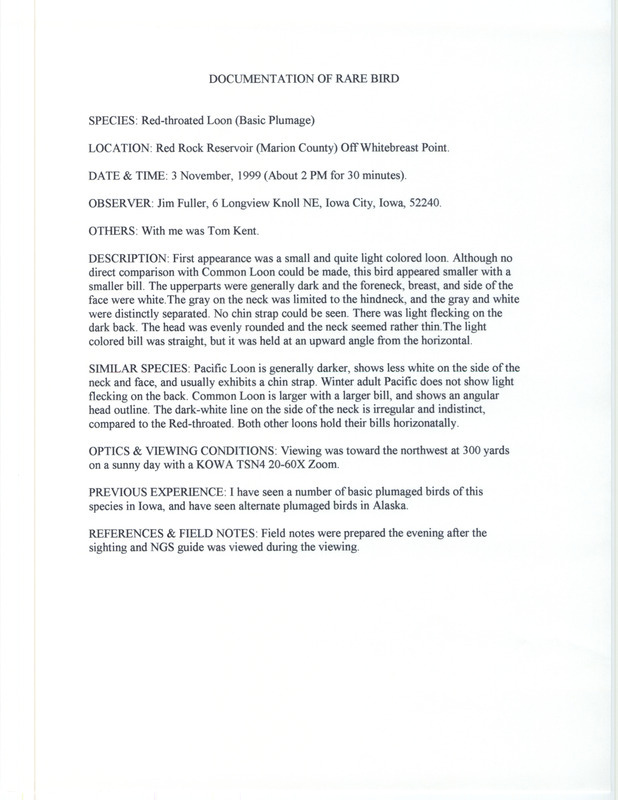 Rare bird documentation form for a Red-throated Loon at Red Rock Reservoir in Marion County, IA on November 3, 1999.