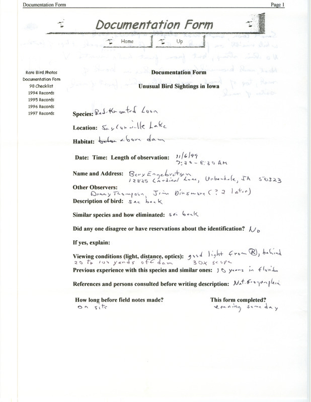 Rare bird documentation form for a Red-throated Loon at Clear Lake in Polk County, IA on November 6, 1999.