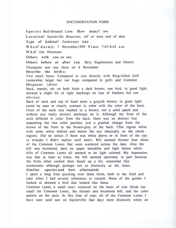 Rare bird documentation form for two Red-throated Loons at Saylorville Reservoir in Polk County, IA on November 7, 1999.