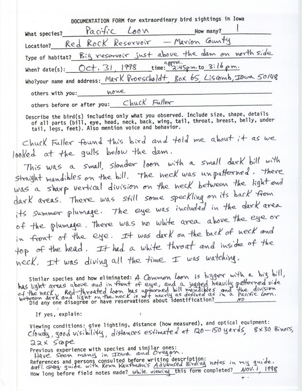 Rare bird documentation form for a Red-throated Loon at Red Rock Reservoir in Marion County, IA on October 31, 1998.