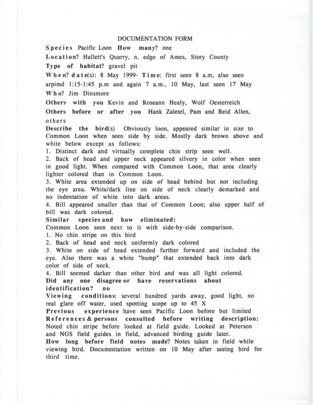 Rare bird documentation form for a Pacific Loon at Hallett's Quarry at Ames in Story County, IA on May 8, 1999.