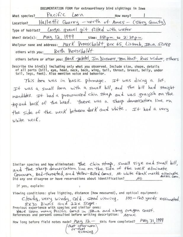 Rare bird documentation form for a Pacific Loon at Hallett's Quarry at Ames in Story County, IA on May 12, 1999.