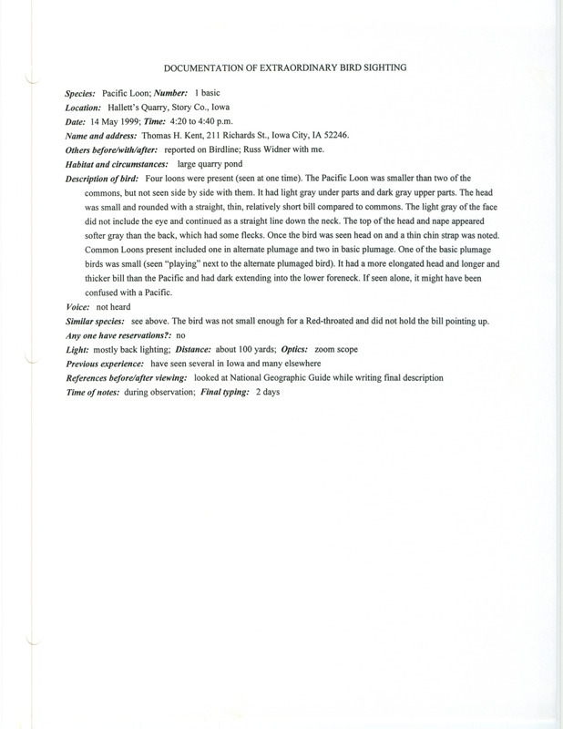 Rare bird documentation form for a Pacific Loon at Hallett's Quarry at Ames in Story County, IA on May 14, 1999.