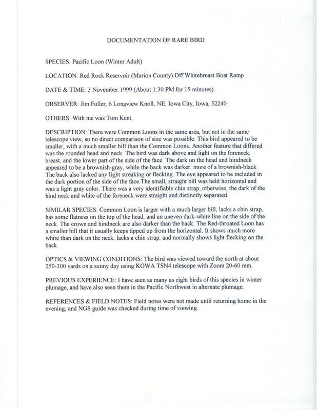 Rare bird documentation form for a Pacific Loon at Red Rock Reservoir Off Whitebreast Boat Ramp in Marion County, IA on November 3, 1999.