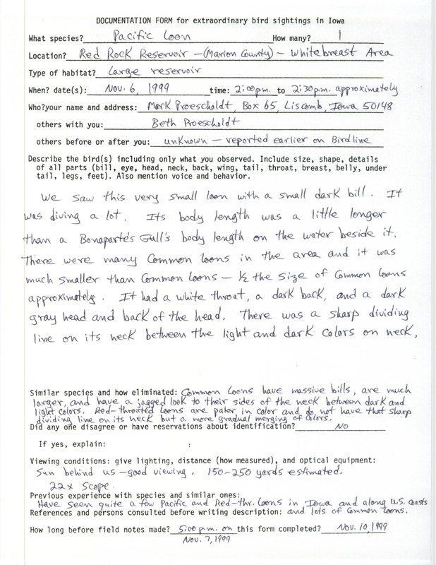 Rare bird documentation form for a Pacific Loon at Red Rock Reservoir in Marion County, IA on November 6, 1999.