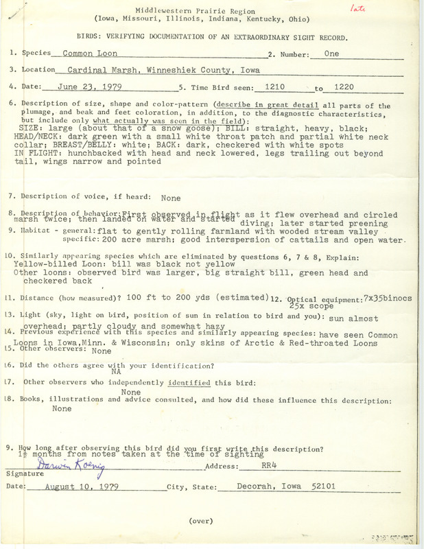 Rare bird documentation form for a Common Loon at Cardinal March in Winneshiek County, IA on June 23, 1979.