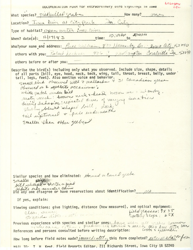 Rare bird documentation form for a Pied-billed Grebe at City Park in Iowa City in Johnson County, IA on December 17, 1983.