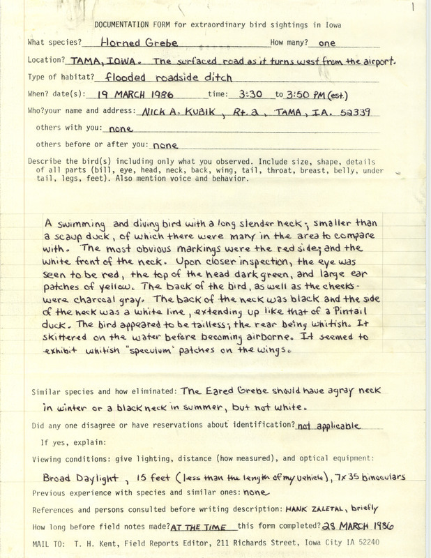 Rare bird documentation form for a Horned Grebe at Tama in Tama County, IA on March 19, 1986.