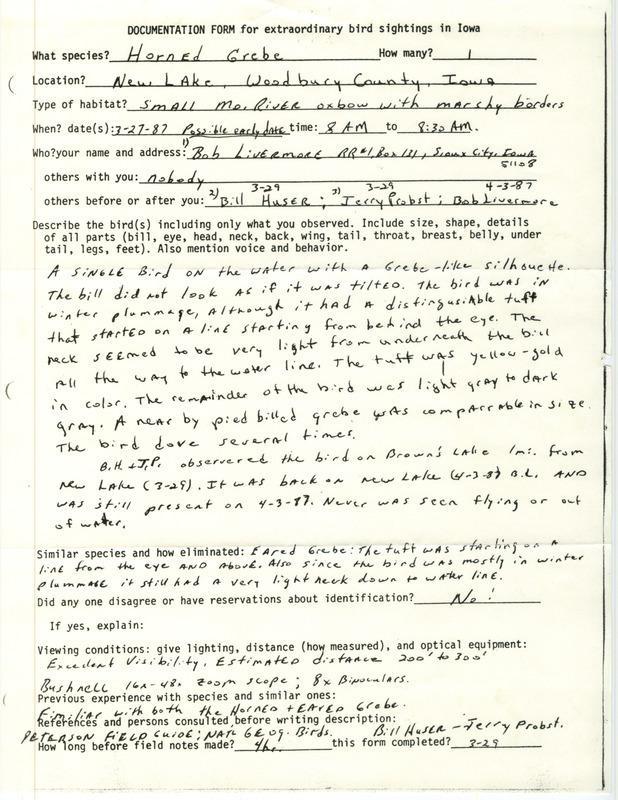 Rare bird documentation form for a Horned Grebe at New Lake in Woodbury County, IA on March 27, 1987.