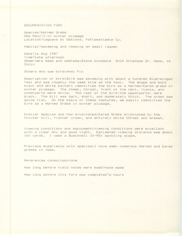 Rare bird documentation form for a Horned Grebe at Oakland in Pottawattamie County, IA on August 16, 1987.