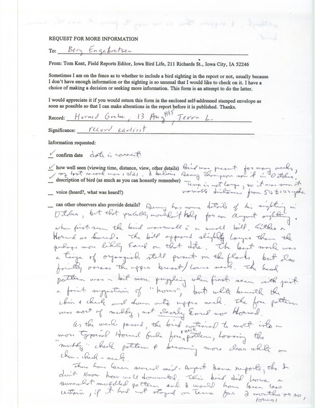 Request for more information form regarding a sighting of a Horned Grebe at Terra Lake, August 13, 1995 by Bery Engebretsen.