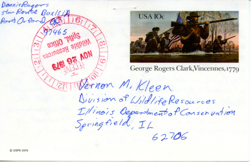 Postcard from Dennis Rogers to Vernon Kleen regarding a sighting of a Red-Necked Grebe in Le Mars, Iowa on September 21, 1976.