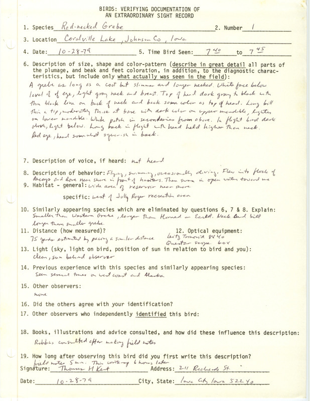 Rare bird documentation form for a Red-necked Grebe at Coralville Lake in Johnson County, IA on October 28, 1979.