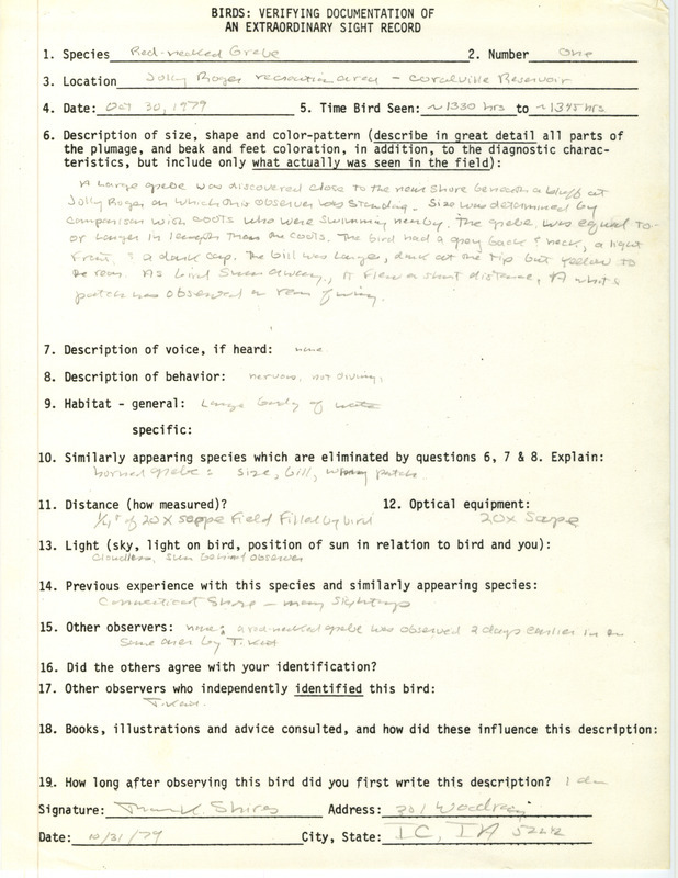 Rare bird documentation form for Red-necked Grebe at Jolly Rogers Recreation Area at Coralville Reservoir in Johnson County, IA on October 30, 1979.