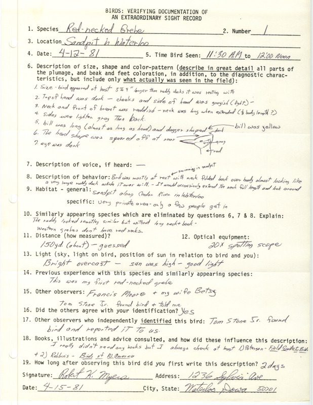 Rare bird documentation form by Robert Myers for a Red-necked Grebe at Waterloo in Black Hawk County, IA on April 12, 1981.