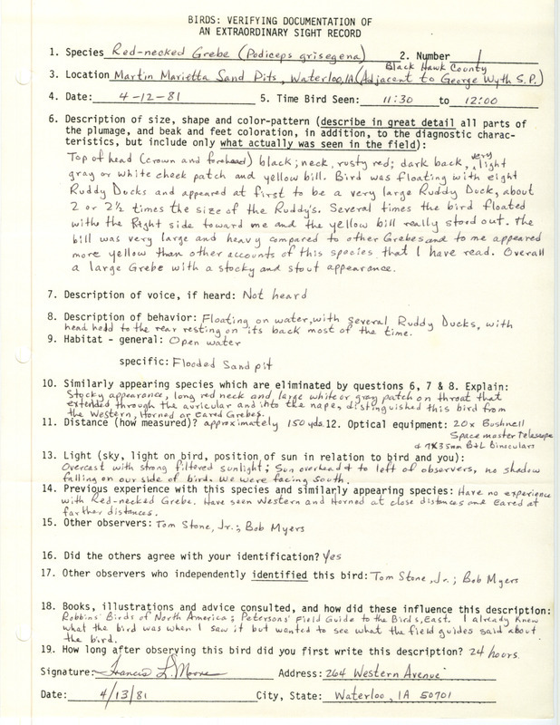 Rare bird documentation form for a Red-necked Grebe at Martin Marietta Sand Pits in Waterloo in Black Hawk County, IA on April 12, 1981.