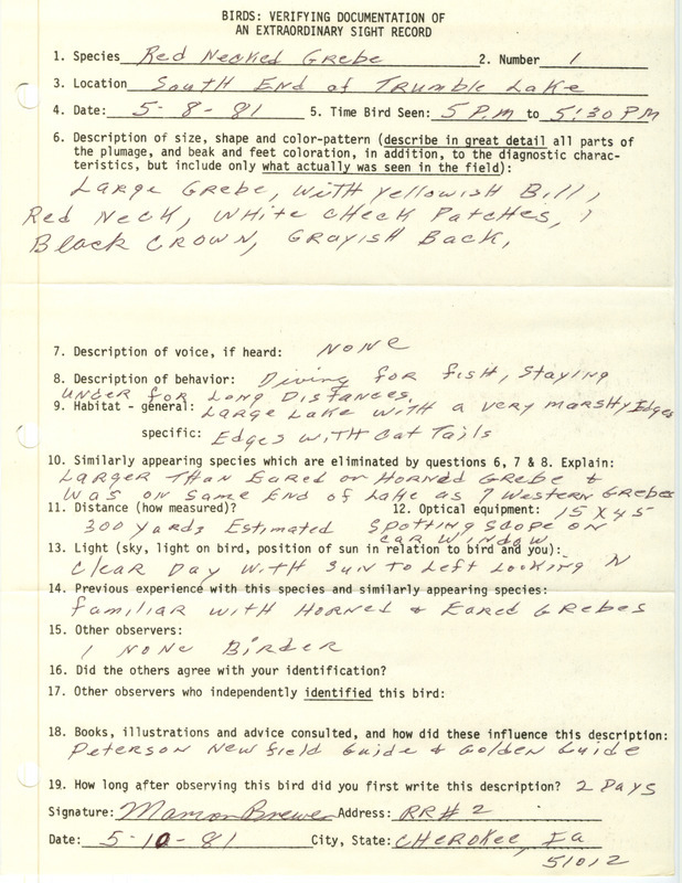 Rare bird documentation form for a Red-necked Grebe at Trumbull Lake in Clay County, IA on May 8, 1981.