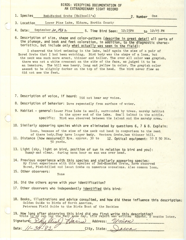 Rare bird documentation form for a Red-necked Grebe at Lower Pine Lake in Eldora in Hardin County, IA on September 20, 1982.