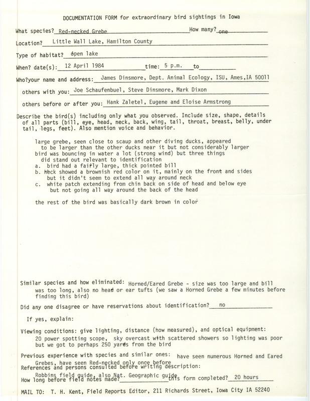 Rare bird documentation form for Red-necked Grebe at Little Wall Lake in Hamilton County, IA on April 12, 1984.