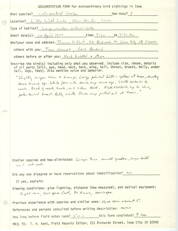 Rare bird documentation form for a Red-necked Grebe at Little Wall Lake in Hamilton County, IA on April 14, 1984. This is one of two forms for this bird sighting.