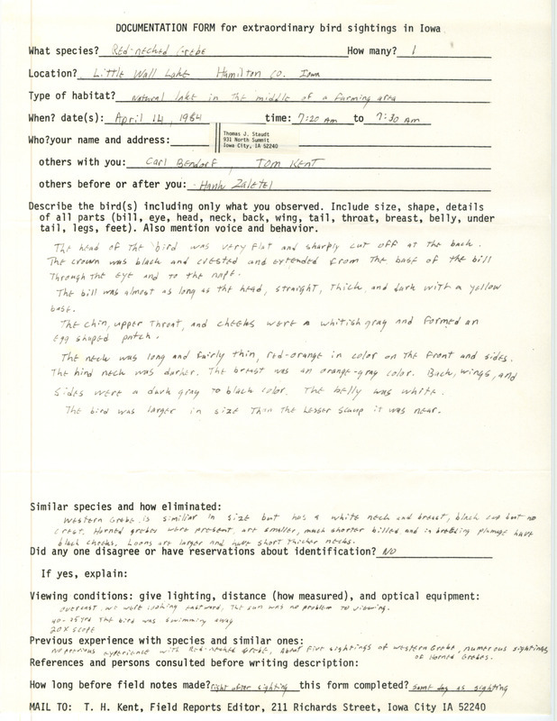 Rare bird documentation form for a Red-necked Grebe at Little Wall Lake in Hamilton County, IA on April 14, 1984.