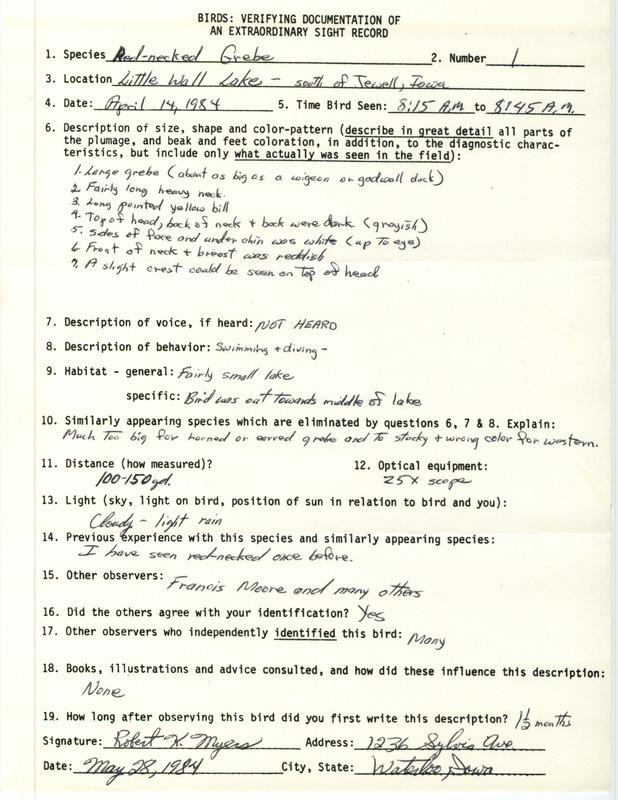 Rare bird documentation form by Robert Myers for a Red-necked Grebe at Little Wall Lake in Hamilton County, IA on April 14, 1984.