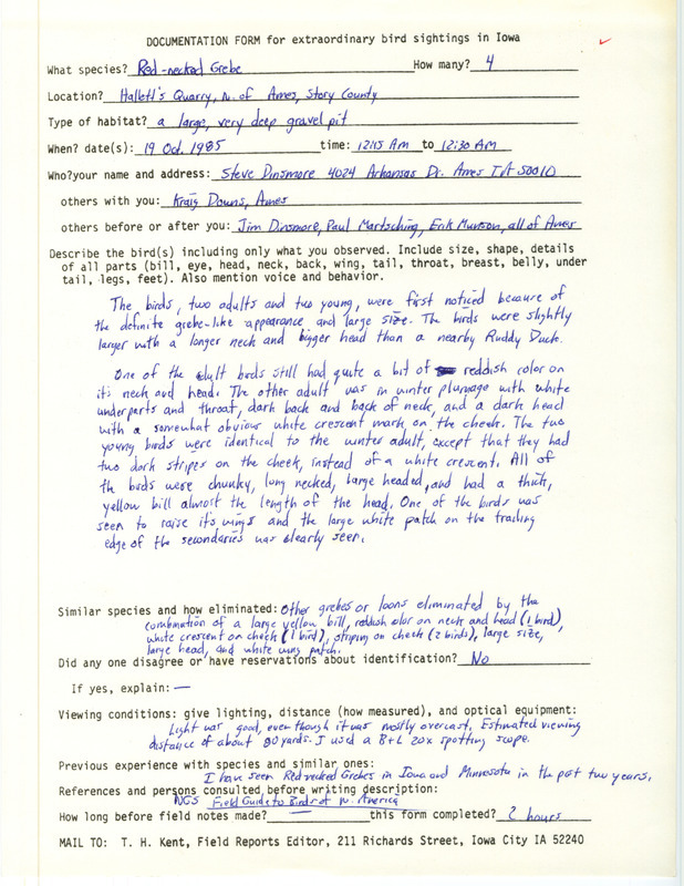 Rare bird documentation form for a Red-throated Loon at Hallett's Quarry at Ames in Story County, IA on October 19, 1985.