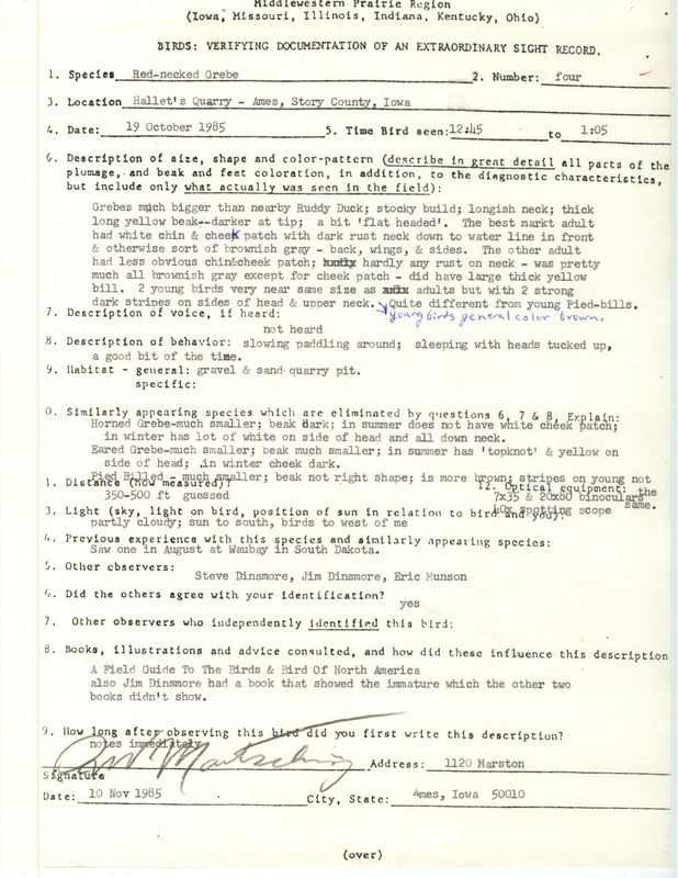 Rare bird documentation form for four Red-throated Loons at Hallett's Quarry in Ames in Story County, IA on October 19, 1985.