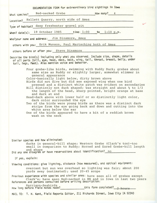 Rare bird documentation form for Red-necked Grebe at Hallett's Quarry at Ames in Story County, IA on October 19, 1985.