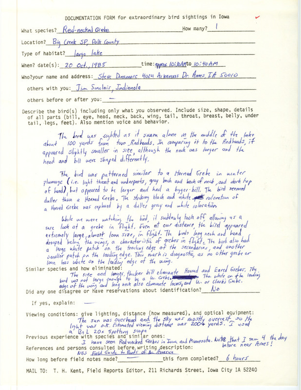 Rare bird documentation form for a Red-necked Grebe at Big Creek State Park in Polk County, IA on October 20, 1985.