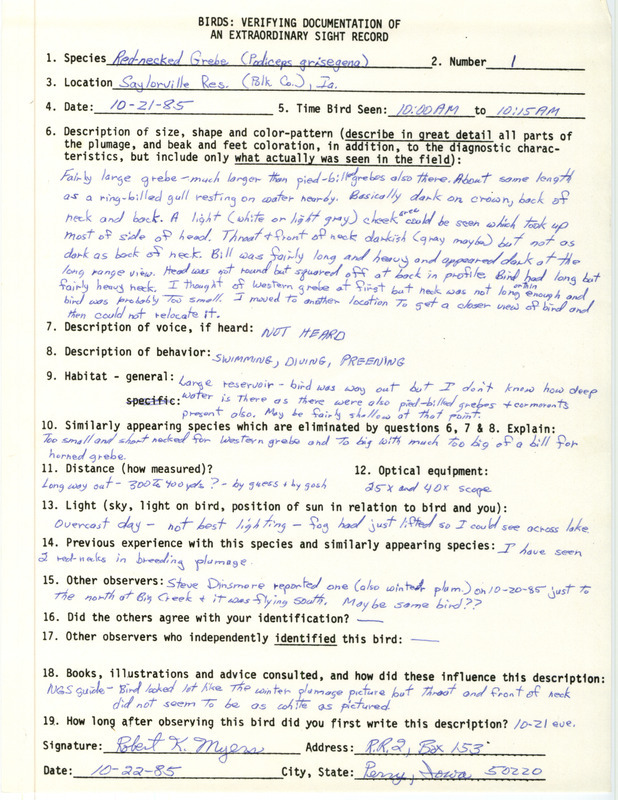 Rare bird documentation form for a Red-necked Grebe at Saylorville Reservoir in Polk County, IA on October 21, 1985.