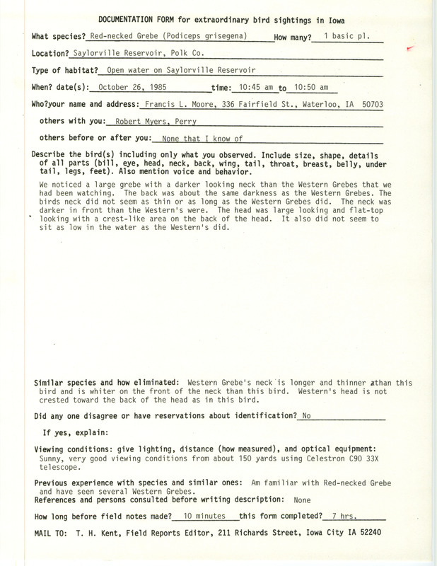 Rare bird documentation form for a Red-necked Grebe at Saylorville Reservoir in Polk County, IA on October 26, 1985.