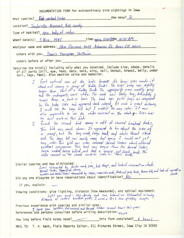 Rare bird documentation form for two Red-necked Grebes at Saylorville Reservoir in Polk County, IA on November 3, 1985.