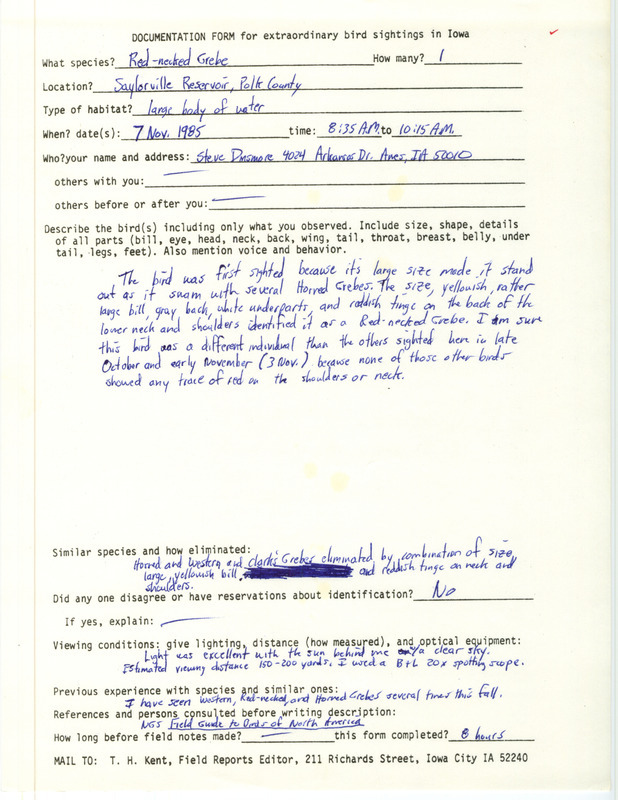 Rare bird documentation form for a Red-necked Grebe at Saylorville Reservoir in Polk County, IA on November 7, 1985.