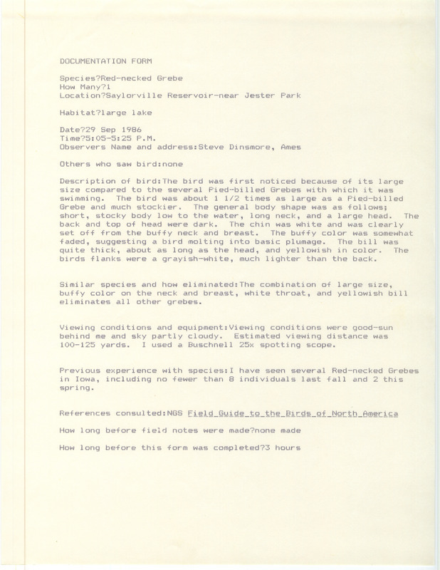 Rare bird documentation forms for a Red-necked Grebe at Saylorville Reservoir near Jester Park in Polk County, IA on September 29, 1986.