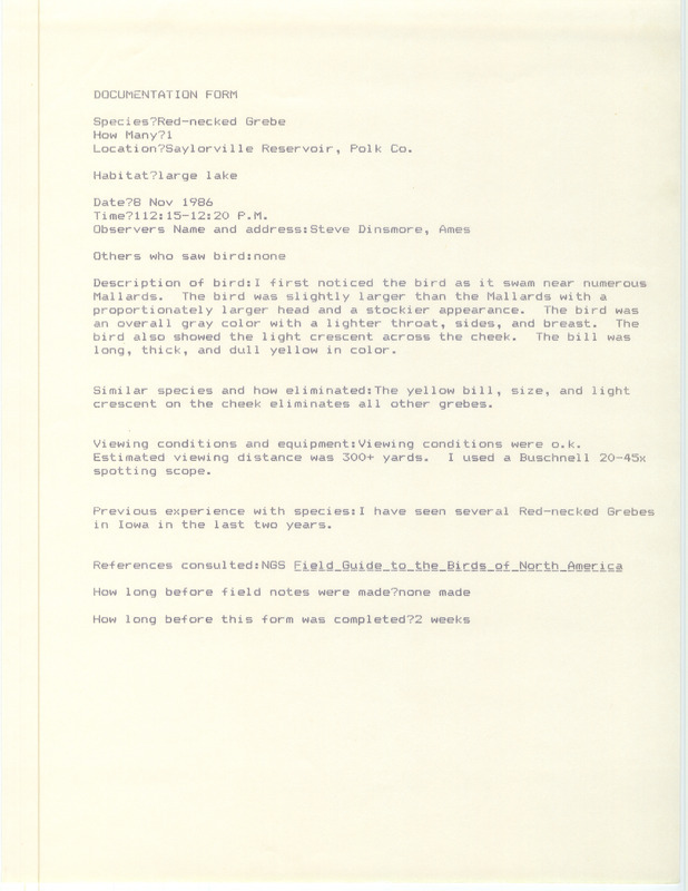 Rare bird documentation for a Red-necked Grebe at Saylorville Reservoir in Polk County, IA on November 8, 1986.