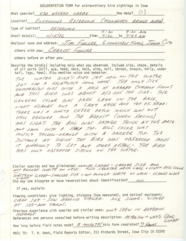 Rare bird documentation form for a Red-necked Grebe at the Mehaffey Bridge at Coralville Reservoir in Johnson County, IA on November 15, 1986.