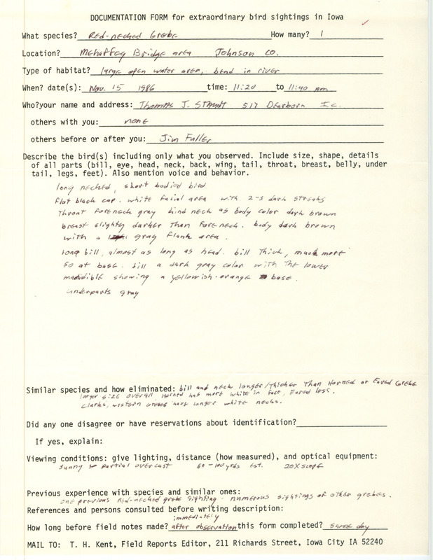 Rare bird documentation form a Red-necked Grebe at Mehaffey Bridge at Coralville Reservoir in Johnson County, IA on November 15, 1986.